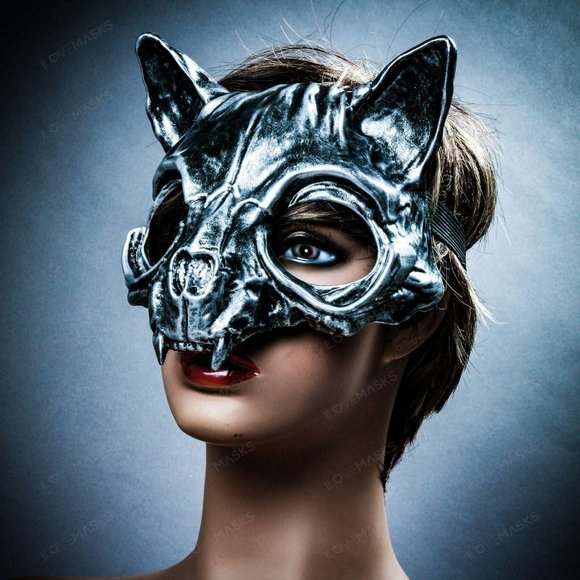 Silver Vampire Skull Cat Halloween Masquerade Robot Cat Costume Party Face Mask - Picture 2 of 7